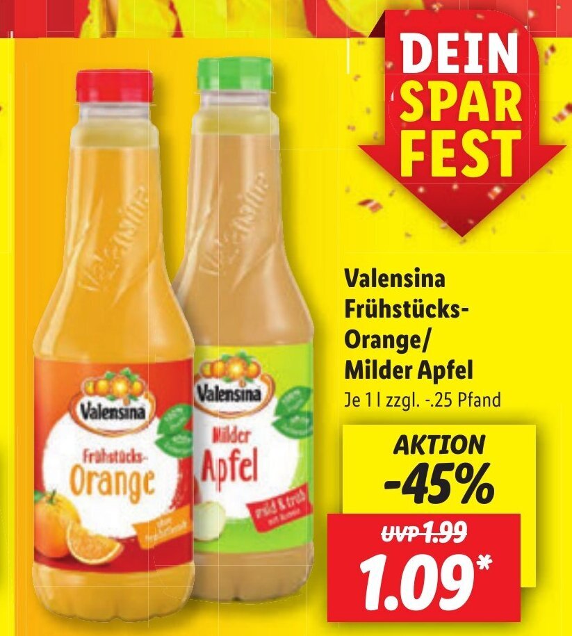 Lidl Valensina Frühstücks- Orange/ Milder Apfel 1L Angebot