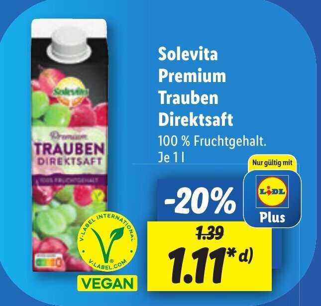 Lidl Solevita Premium Trauben Direktsaft 1 L Angebot