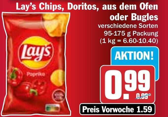 Hit Lay's Chips, Doritos, aus dem Ofen oder Bugles 95-175g Angebot