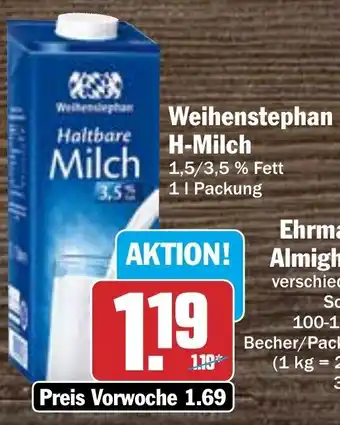 Hit Weihenstephan H-Milch 1l packung Angebot