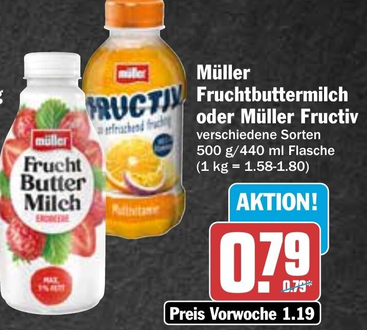 Hit müller Frucht Butter Milch oder Müller Fructiv 500g/440ml Angebot