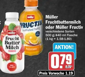 Hit müller Frucht Butter Milch oder Müller Fructiv 500g/440ml Angebot