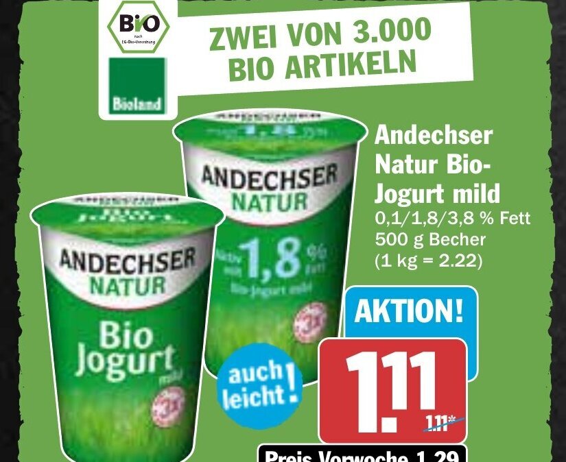 Hit ANDECHSER NATUR Bio Jogurt mild 500g becher Angebot