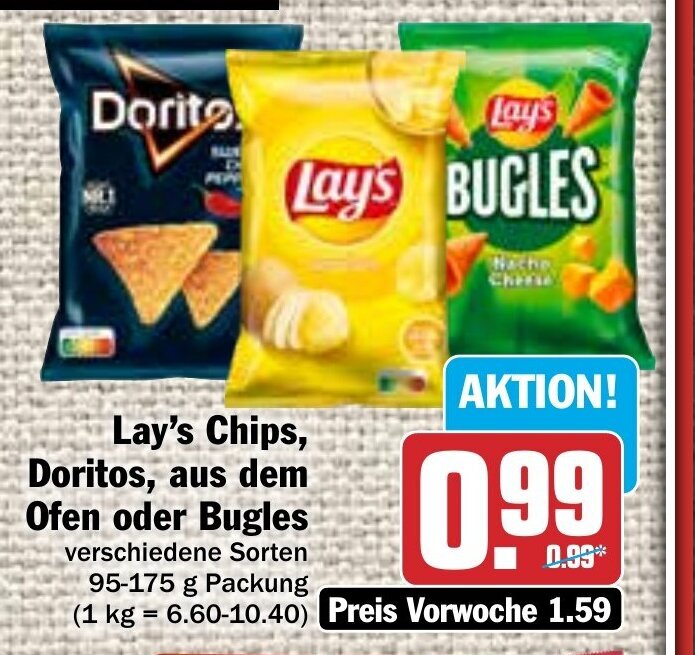 Lay's Chips, Doritos, aus dem Ofen oder Bugles 95175g Angebot bei Hit
