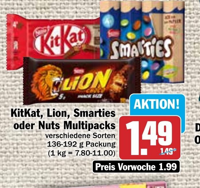 Hit KitKat, Lion, Smarties oder Nuts Multipacks 136-192g Angebot