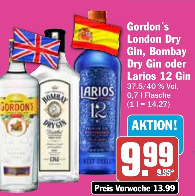 Hit Gordon's London Dry Gin, Bombay Dry Gin oder Larios 12 Gin 0,7l Angebot
