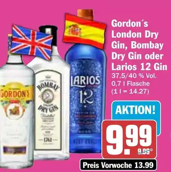 Hit Gordon's London Dry Gin, Bombay Dry Gin oder Larios 12 Gin 0,7l Angebot