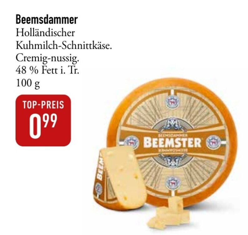 Galeria Markthalle Beemsdammer Holländischer Kuhmilch-Schnittkäse. Cremig-nussig. 48 % Fett i. Tr. 100 g Angebot
