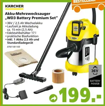 Globus Baumarkt Karcher Akku Mehrzwecksauger WD3 Battery Premium Set Angebot