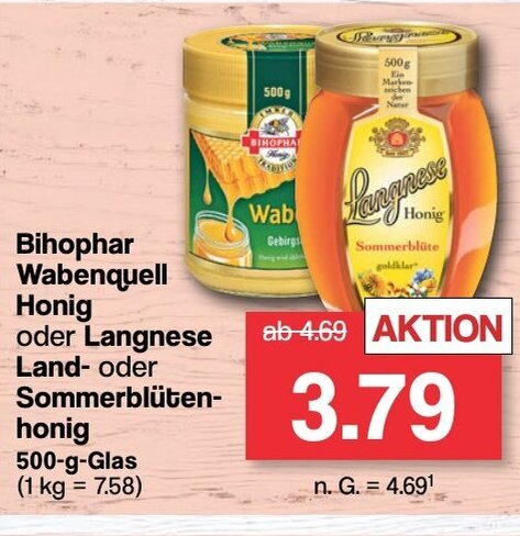Famila Nord West Bihophar Wabenquell Honig oder Langnese Land- oder Sommerblüten- honig 500-g-Glas (1 kg = 7.58) Angebot