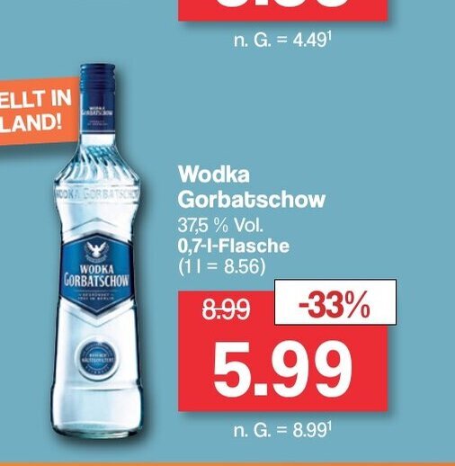 Famila Nord West Wodka Gorbatschow 37,5 % Vol. 0,7-1-Flasche (11 = 8.56) Angebot