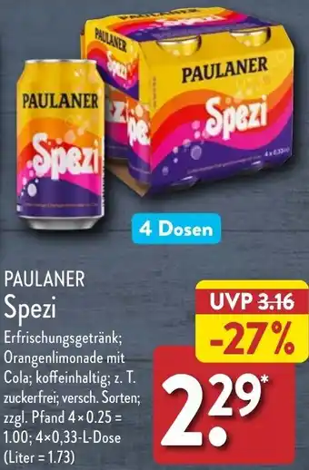 Aldi Nord PAULANER Spezi 4x0,33 L Dose Angebot