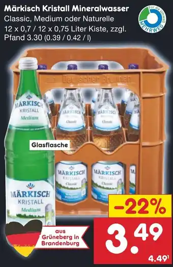 Netto Marken-Discount Märkisch Kristall Mineralwasser 12 x 0,7 / 12 x 0,75 Liter Kiste Angebot