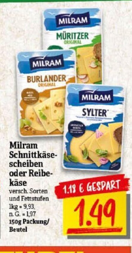 NP Discount Milram Schnittkäse-scheiben oder Reibe-käse 150g Angebot