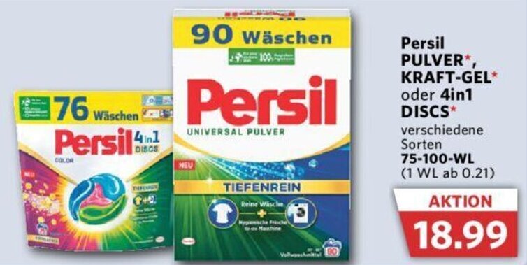 Combi Persil PULVER, KRAFT-GEL oder 4in1 DISCS 75-100-WL Angebot