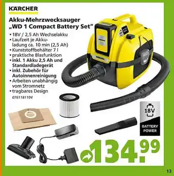 Globus Baumarkt Kärcher Akku-mehrzwecksauger „wd 1 Compact Battery Set” Angebot