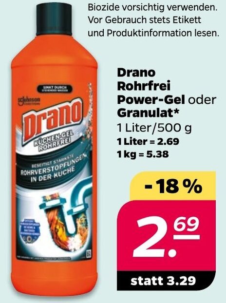 NETTO Drano Rohrfrei Power-Gel oder Granulat 1 Liter/500 g Angebot