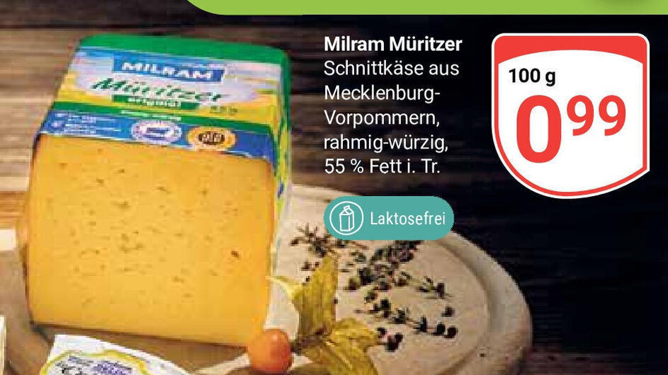 Globus Milram Müritzer Schnittkäse aus Mecklenburg-Vorpommern, rahmig-würzig, 55 % Fett i. Tr. 100g Angebot