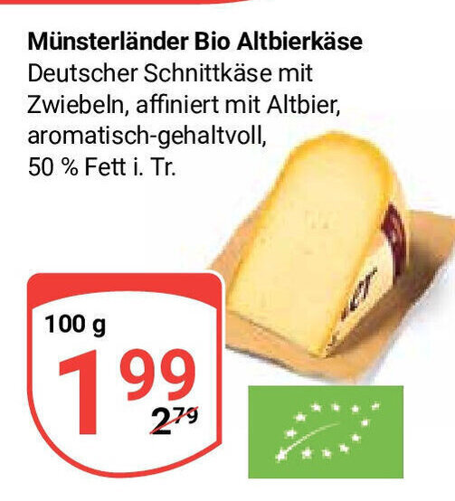 Globus Münsterländer Bio Altbierkäse Deutscher Schnittkäse mit Zwiebeln, affiniert mit Altbier, aromatisch-gehaltvoll, 100g Angebot