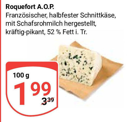 Globus Roquefort A.O.P. Französischer, halbfester Schnittkäse, mit Schafsrohmilch hergestellt, kräftig-pikant, 52 % Fett i. Tr. 100g Angebot