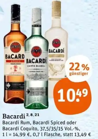 tegut Bacardi Rum, Bacardi Spiced oder Bacardi Coquito 0,7 L Flasche Angebot