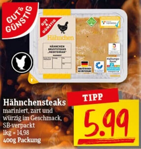 nah & gut GUT& GÜNSTIG Hähnchensteaks 400g Packung Angebot