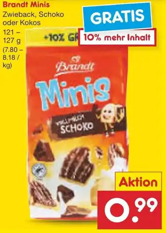 Netto Marken-Discount Brandt Minis Zwieback, Schoko oder Kokos 121-127 g Angebot