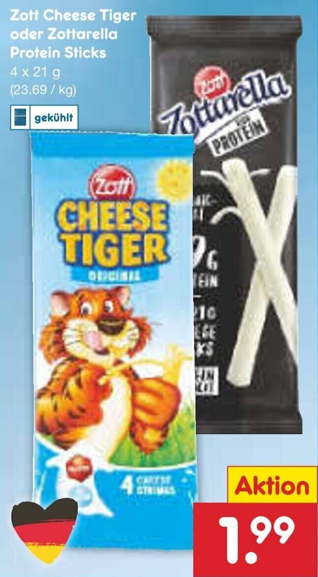 Netto Marken-Discount Zott Cheese Tiger oder Zottarella Protein Sticks 4 x 21 g Angebot