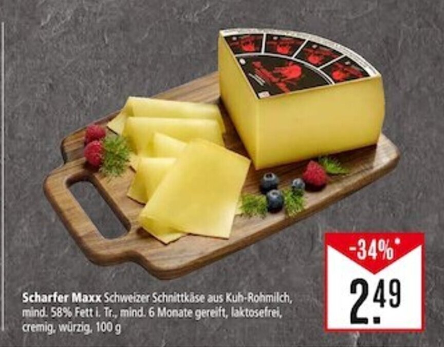 Marktkauf Scharfer Maxx Schweizer Schnittkäse aus Kuh-Rohmilch, mind. 58% Fett i. Tr., mind. 6 Monate gereift, 100 g Angebot
