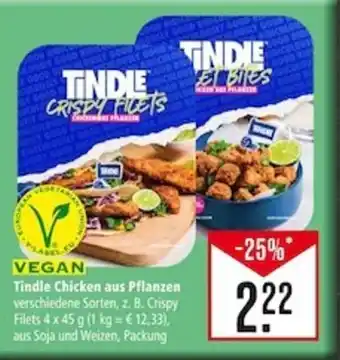 Marktkauf Tindle Chicken aus Pflanzen verschiedene Sorten, z. B. Crispy Filets 4 x 45 g (1 kg = € 12,33), aus Soja und Weizen, Packung Angebot