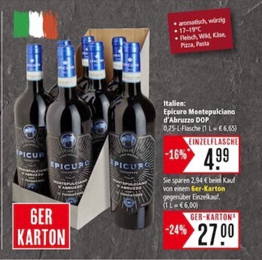 Marktkauf Epicuro Montepulciano d'Abruzzo DOP 0,75-L-Flasche Angebot
