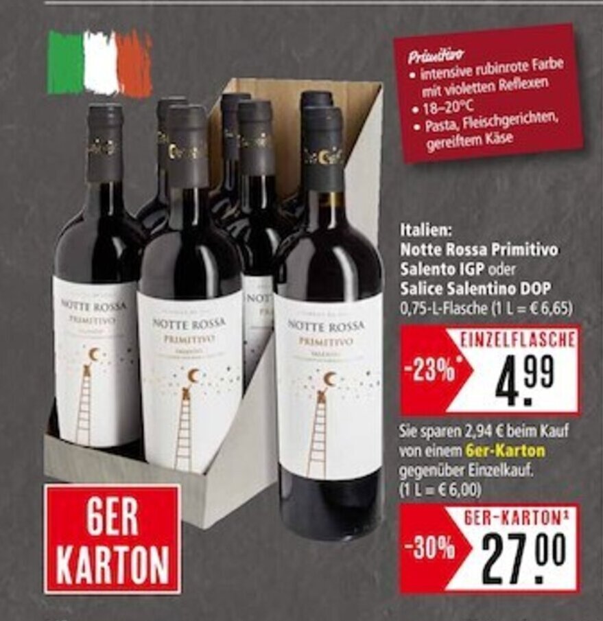 Marktkauf Notte Rossa Primitivo Salento IGP oder Salice Salentino DOP 0,75-L-Flasche (1 L = €6,65) Angebot