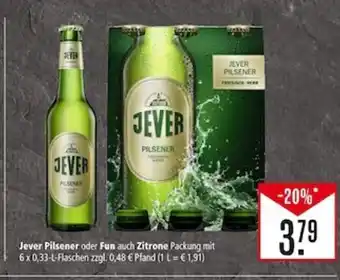 Marktkauf Jever Pilsener oder Fun auch Zitrone Packung mit 6 x 0,33-L-Flaschen zzgl. 0,48 € Pfand (1 L = € 1,91) Angebot
