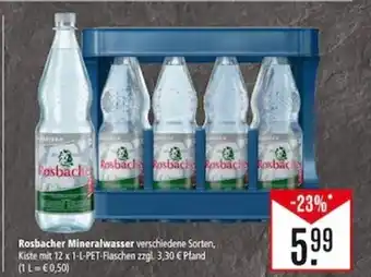 Marktkauf Rosbacher Mineralwasser verschiedene Sorten, Kiste mit 12 x 1-L-PET-Flaschen zzgl. 3,30 € Pland (1 L = € 0,50) Angebot