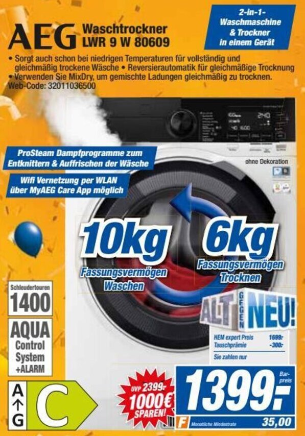 HEM Expert AEG Waschtrockner LWR 9 W 80609 Angebot