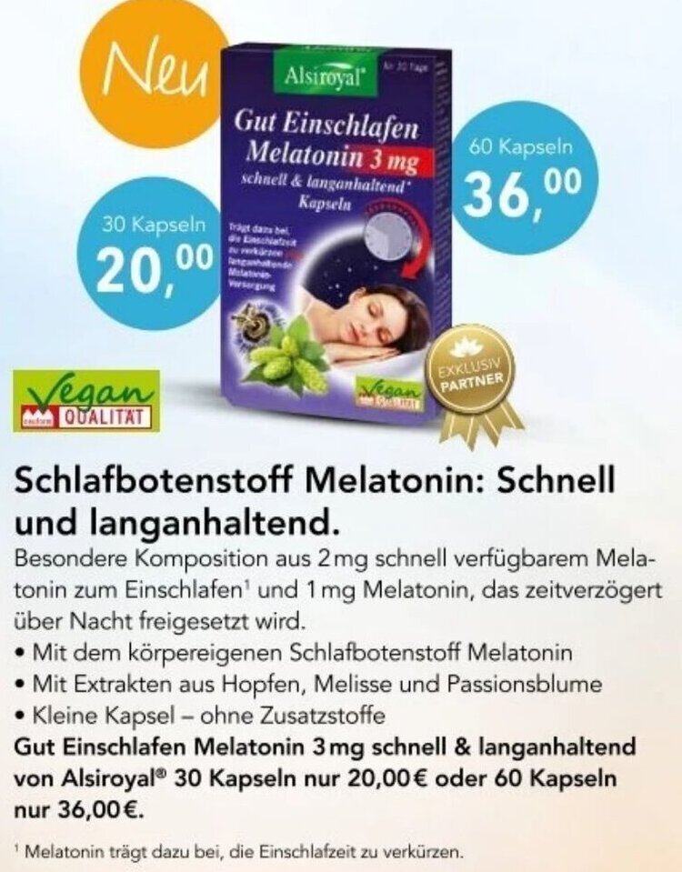 Vita Nova Gut Einschlafen Melatonin 3 mg schnell & langanhaltend von Alsiroyal® 30 Kapseln Angebot