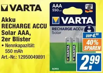 Expert Technomarkt VARTA Akku RECHARGE ACCU Solar AAA, 2er Blister Angebot