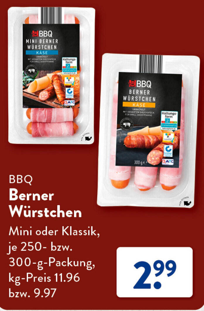 Aldi Süd BBQ Berner Würstchen 250-300 g Packung Angebot