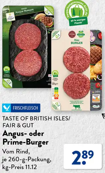 Aldi Süd TASTE OF BRITISH ISLES/ FAIR & GUT Angus- oder Prime-Burger 260 g Packung Angebot