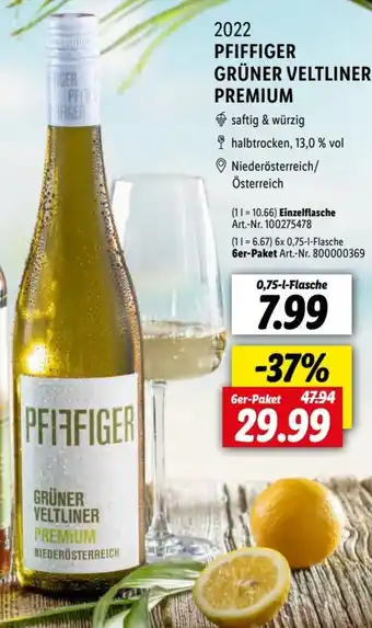 Lidl 2022 PFIFFIGER GRÜNER VELTLINER PREMIUM 0,75-l-Flasche Angebot