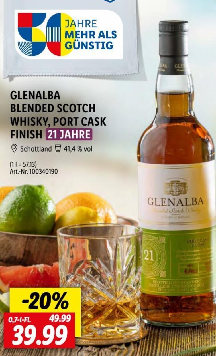 Lidl GLENALBA BLENDED SCOTCH WHISKY, PORT CASK FINISH 21 JAHRE 0,7 L-Fl. Angebot