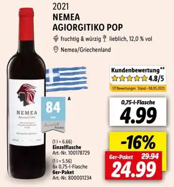 Lidl 2021 NEMEA AGIORGITIKO POP 0,75-l-Flasche Angebot