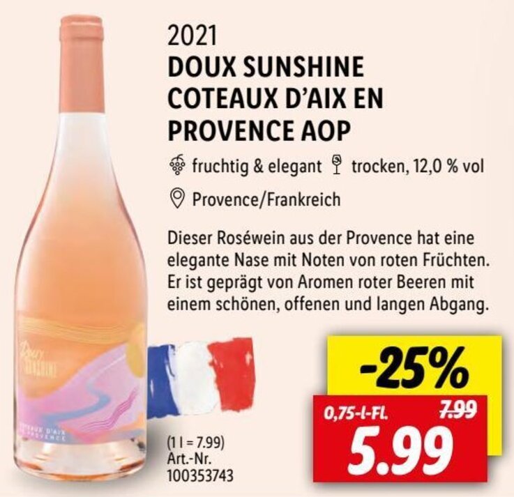 Lidl 2021 DOUX SUNSHINE COTEAUX D'AIX EN PROVENCE AOP 0,75 L-Fl. Angebot