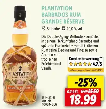 Lidl PLANTATION BARBADOS RUM GRANDE RÉSERVE 0,7 L-Fl. Angebot