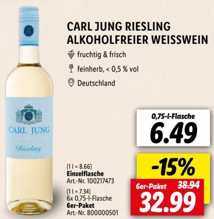 CARL JUNG RIESLING ALKOHOLFREIER WEISSWEIN 0,75lFlasche Angebot bei Lidl