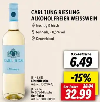 Lidl CARL JUNG RIESLING ALKOHOLFREIER WEISSWEIN 0,75-l-Flasche Angebot