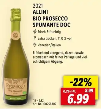 Lidl 2021 ALLINI BIO PROSECCO SPUMANTE DOC 0,75 L-Fl. Angebot