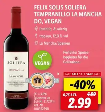 Lidl FELIX SOLIS SOLIERA TEMPRANILLO LA MANCHA DO, VEGAN 0,75 L-Fl. Angebot