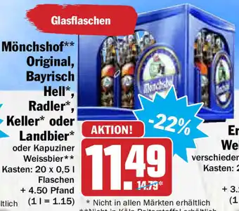 Hit Mönchshof Original, Bayrisch Hell, Radler, Keller oder Landbier 20x0,5L Angebot