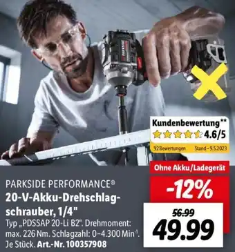 Lidl PARKSIDE PERFORMANCE® 20-V-Akku-Drehschlagschrauber, 1/4" Angebot